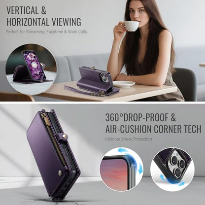 Defencase for iPhone 16 Pro Max Case Wallet Compatible with Magsafe, Purple | Drop-Proof Magnetic Detachable Phone Cases Cover, with RFID Bolcking Card Holder, Zipper Strap, PU Leather, Removable Wallet - color: (Detachable with Magsafe)-Purple