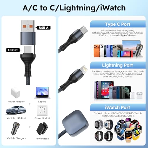 Travel Essentials 3in2 Multi Charging Cable for iPhone Watch Charger,6FT - color: Gray&Black, size: AC to C+L+iWatch