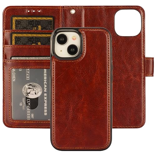 Bocasal Detachable Wallet Case Card Holder for iPhone 15, Brown | RFID Blocking Kickstand Card Slots Holder PU Leather Magnetic Shockproof Wrist Strap Removable Flip Protective Cover 6.1 inch - color: Brown