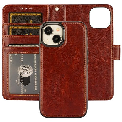 Bocasal Detachable Wallet Case Card Holder for iPhone 15, Brown | RFID Blocking Kickstand Card Slots Holder PU Leather Magnetic Shockproof Wrist Strap Removable Flip Protective Cover 6.1 inch - color: Brown