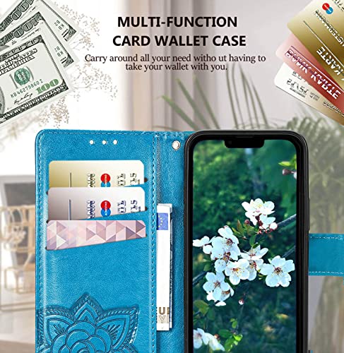 for iPhone 13 Pro Case Wallet for Women,Blue | Flip Folio Butterfly Embossed PU Leather Stand Credit Card Holder Slots Magnetic Wrist Strap Phone Cover - color: Blue