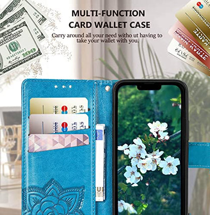 for iPhone 13 Pro Case Wallet for Women,Blue | Flip Folio Butterfly Embossed PU Leather Stand Credit Card Holder Slots Magnetic Wrist Strap Phone Cover - color: Blue