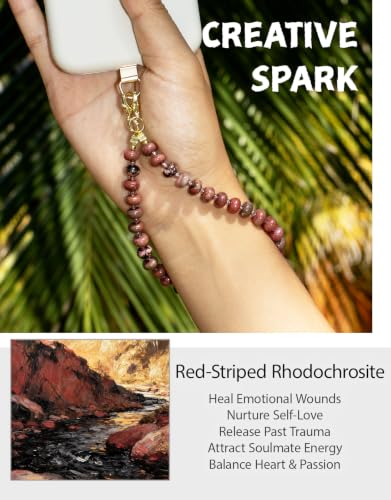 CH.yishi Beaded Phone Charm Wrist Strap with Tether Tab,Camera Lanyard - color: Red-Striped Rhodochrosite