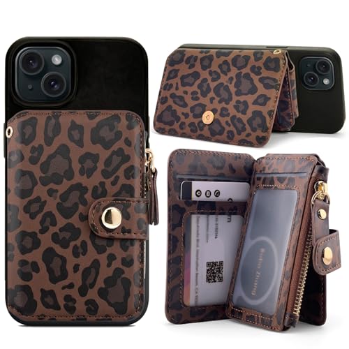 M-Plateau RFID Blocking Phone Wallet Stick on Leopard Print With Sticker | Wallet for Women Card Holder for Phone case with Snap Closure Zipper Pocket 6 Card Slots (Compatible with Most Smartphones) - color: Leopard