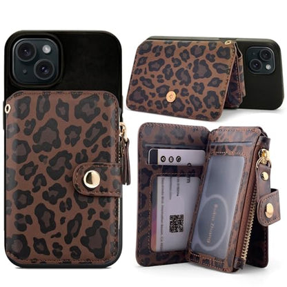 M-Plateau RFID Blocking Phone Wallet Stick on Leopard Print With Sticker | Wallet for Women Card Holder for Phone case with Snap Closure Zipper Pocket 6 Card Slots (Compatible with Most Smartphones) - color: Leopard