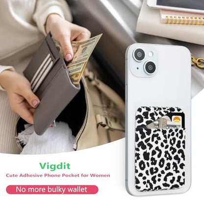 Credit Card Holder Phone Wallet Stick On, 2 Pack Adhesive Cell Phone Sleeve for iPhone/Samsung/Android,Cute Sticky Wallet Phone Case Accessories for Women,White Leopard
