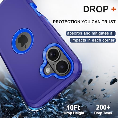 for iPhone 16 Phone Case, Military Grade Drop Protection Cell Phone Cover with Belt Clip Holster Stand, Screen Protector x2 Rugged Shockproof Kickstand for iPhone 16 Case 6.1 inch (Blue) - color: Blue
