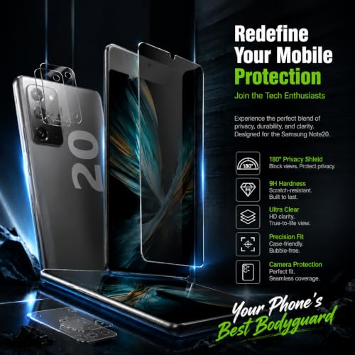 2 Pack Privacy Screen Protector for Samsung Galaxy Note 20 with 2 Pack Camera Lens Protector, Tempered Glass Fingerprint Unlock Compatible, 180 Degree Anti Spy Anti Glare Full Coverage Shield