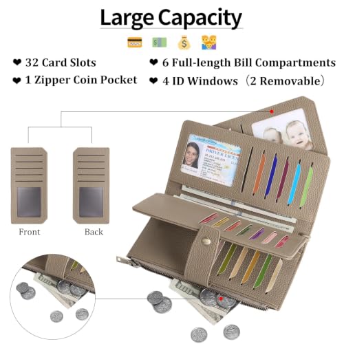 GAEKEAO Womens Wallet RFID Blocking Large Capacity Vegan Leather Card Holder Wristlet Clutch with 32 Card Slots 4 ID Windows - color: X06-Khaki