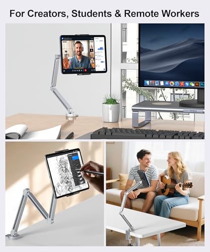 YICOSUN Tablet Stand for Desk - Heavy Duty Aluminum iPad Arm Mount with Super Grip Clamp, 360° Rotating Foldable Holder for 4.7-13" iPad, Kindle, Phone - Reading, Drawing, Video Call - Silver - color: Silver