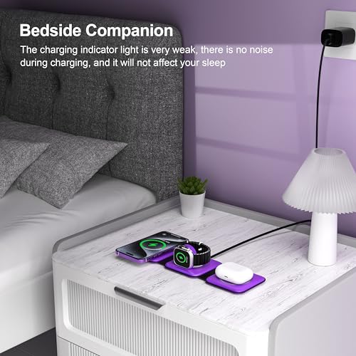 3 in 1 Charging Station for Multple Devices,Foldable 3 in 1 Wireless Charger for Travel,Nano Wireless Charging Station for iPhone16 15 14 13 12 Pro Max/Watch 10 9 8 7 6 5 4 3 Ultra/AirPod Pro - color: Purple