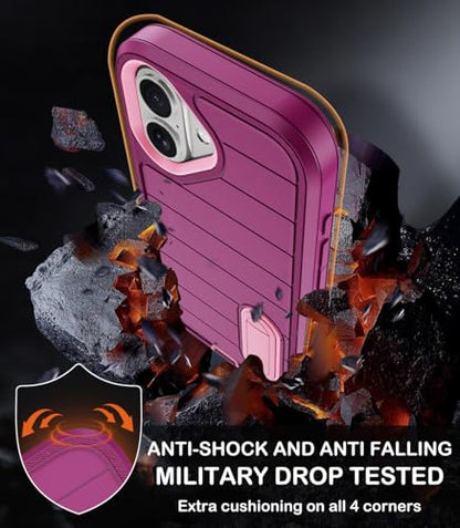 for iPhone 16 Case with Screen Protector, Heavy Duty Shockproof Drop Protection Military Grade Tri-Layer Full Covered Rugged Durable Cell Phone Cover with Built-in Invisible Kickstand 6.1" (Purple) - color: Purple