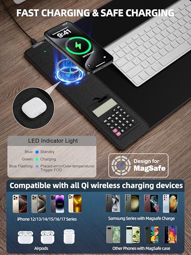 Mouse Pad with 15W Wireless Charging, Removable 8-Digit Solar Calculator - color: Calculator-31.5"x15.8"