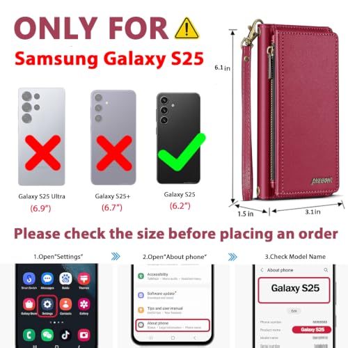 for Samsumg Galaxy S25 Wallet Case, Detachable Magnetic Shockproof Phone Case,Faux Leather Crossbody Wallet,with RFID Blocking，Zipper Card Holder，Shoulder Strap (Red) - color: Red, size: Samsumg Galaxy S25