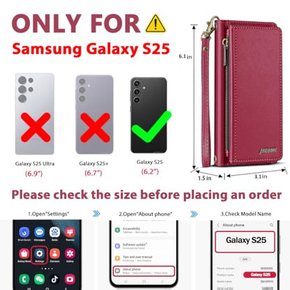 for Samsumg Galaxy S25 Wallet Case, Detachable Magnetic Shockproof Phone Case,Faux Leather Crossbody Wallet,with RFID Blocking，Zipper Card Holder，Shoulder Strap (Red) - color: Red, size: Samsumg Galaxy S25