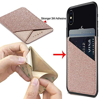 Glitter PU Leather Phone Card Holder Stick On Back of Phone Wallet - color: RoseGold