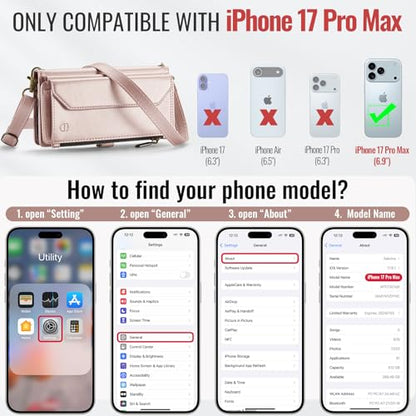 Strapurs for iPhone 17 Pro Max - Zipper Strap Wallet Case Women, Rose Gold | RFID Blocking 10-Card Holder, Shoulder Lanyard, Wirst Strap, Zipper Pocket, Magnetic Snap, Soft PU Leather, Phone Flip Cover - color: Rose Gold, size: iPhone 17 Pro Max - 6.9"