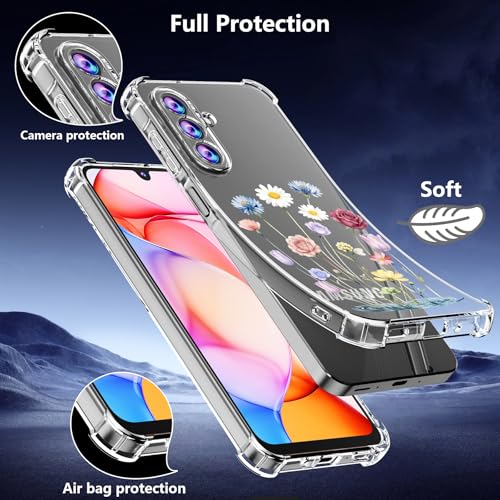 Phone Case for Samsung Galaxy A17 5G Case, Samsung A17 5G Case with Tempered Glass Screen Protector, Soft Flexible TPU Slim Fit Shockproof Phone Cover for Women Men Girl Boy (Clear-Flower) - color: Clear-Flower