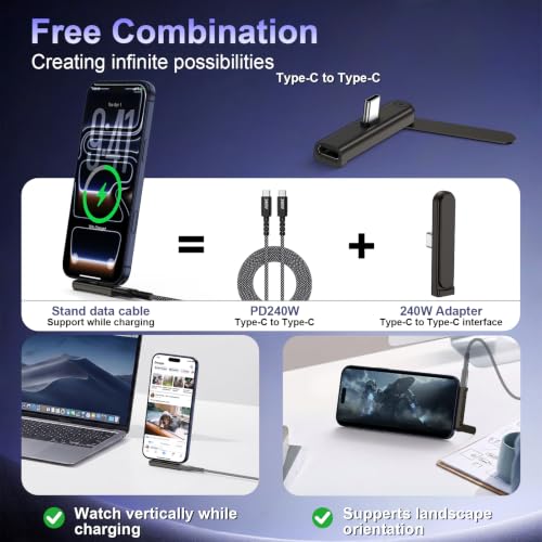 Invisible Holder C Charger Cable with Stand,Detachable 2 in 1 USB C Cable - color: Black