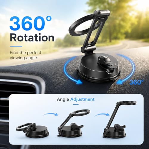 Magnetic Car Phone Mount for Dashboard Windshield - Heavy Duty MagSafe Compatible Holder with 20 N52 Magnets, Long Foldable Arm, 360° Rotation, Suction Cup Base for iPhone & Android