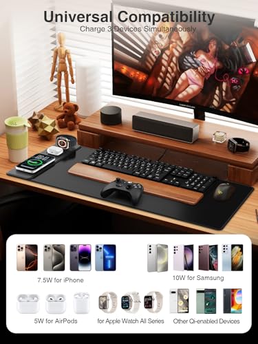 Magnetic Wireless Charging Mouse Pad, 31.5"x15.8" Large Desk Mat - color: Black-Watch-Adatper