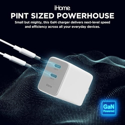 iHome GaN Universal USB-C Charger Block, Power Delivery, Folding Prongs, Compact Travel Design for Phones, Tablets & USB-C Devices (White, 45W) - color: White, size: 45W