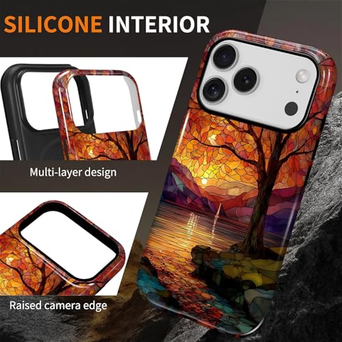 Magnetic Phone Case for iPhone 17 Pro,Compatible with MagSafe,Durable 2 Layers Full Covered Shockproof Protective Cover-Stained Glass Sunrise Fall Leaves - color: Stained Glass Sunrise Fall Leaves, size: iPhone 17 Pro
