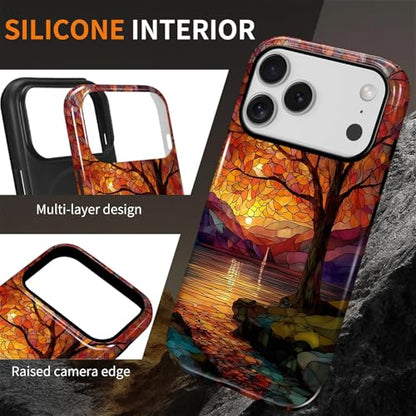 Magnetic Phone Case for iPhone 17 Pro,Compatible with MagSafe,Durable 2 Layers Full Covered Shockproof Protective Cover-Stained Glass Sunrise Fall Leaves - color: Stained Glass Sunrise Fall Leaves, size: iPhone 17 Pro