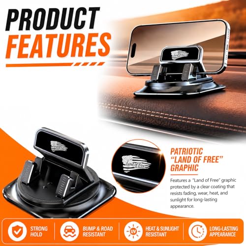 Car Dashboard Phone Holder with Land of Free,360° Rotatable Car Phone Holder Mount with Strong Self‑Adhesive,Universal Anti‑Slip Cell Phones Cars Mount for Horizontal & Vertical Place - color: Flag