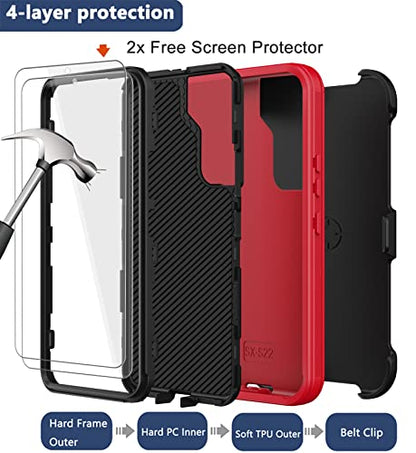 for Samsung Galaxy S22 Case with Belt Clip Holster, 2X Screen Protector, [Military Grade Protection] Heavy Duty Full Body Shockproof Dust-Proof Rugged Protective Cover for Samsung S22 5G Red - color: Red