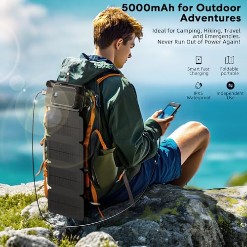 YELOMIN Solar Charger Power Bank 5000mAh with 4 Foldable Panels & 2 Built-in Cables, Wireless Portable Charger, Outdoor External Battery Pack with USB-C in/Output & SOS Flashlight for Camping Hiking