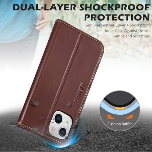 SHIELDON Real Leather Case Wallet for iPhone 13 6.1" 2021, Retro Coffee | TPU Wallet Case with Card Storage Function Anti-Shock [RFID Blocking], 5G 2021 - color: Coffee - Retro