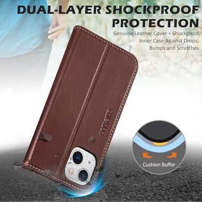 SHIELDON Real Leather Case Wallet for iPhone 13 6.1" 2021, Retro Coffee | TPU Wallet Case with Card Storage Function Anti-Shock [RFID Blocking], 5G 2021 - color: Coffee - Retro