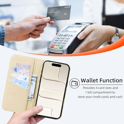 VISOUL Pebbled Leather Wallet Case for iPhone 17 Pro Max 6.9" 2025, Genuine Leather Flip Folio Cover with RFID Blocking Card Holders, Kickstand, Soft TPU Protective Flip Cover -Green+Milky White - color: Green+Milky White