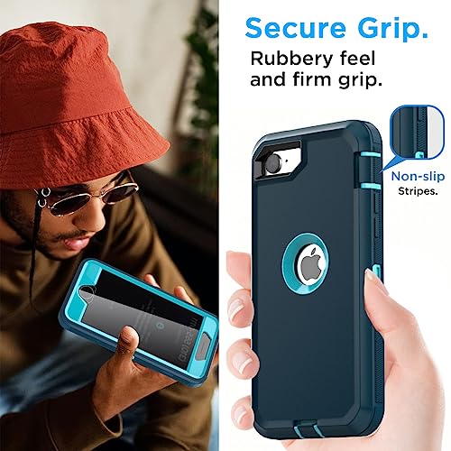 AICase for iPhone SE Case 3rd & 2nd Generation, for iPhone SE 2022/2020 Built-in Screen Protector Heavy Duty Protective Shockproof 3-Layer Full Body Rugged Phone Cover, Blue/Turquoise - color: Blue/turquoise