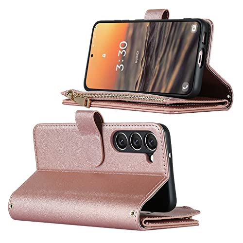 iCoverCase for Samsung Galaxy S23 Wallet Case with Card Holder, Kickstand Feature PU Leather Case with Adjustable Crossbody Lanyard Magnetic Clasp Zipper Pocket Flip Cover (Rose Gold) - color: Rose Gold, size: Galaxy S23