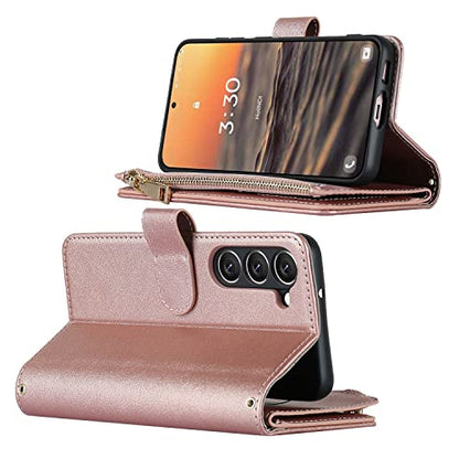 iCoverCase for Samsung Galaxy S23 Wallet Case with Card Holder, Kickstand Feature PU Leather Case with Adjustable Crossbody Lanyard Magnetic Clasp Zipper Pocket Flip Cover (Rose Gold) - color: Rose Gold, size: Galaxy S23