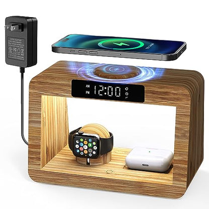 Bamboo Wireless Charging Station with Alarm Clock & Night Light, 3 in 1 Charging Station for iPhone 17/16/15/14/13/12/11 Pro Max/X/Xs, AirPods 4/3 & AirPods Pro 3/2/1/, Apple Watch Series