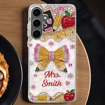 Mrs. Pencil Bow and Red Apple 3D Rhinestone - Personalized Clear Phone Case Teacher Appreciation Gift Tech Accessories