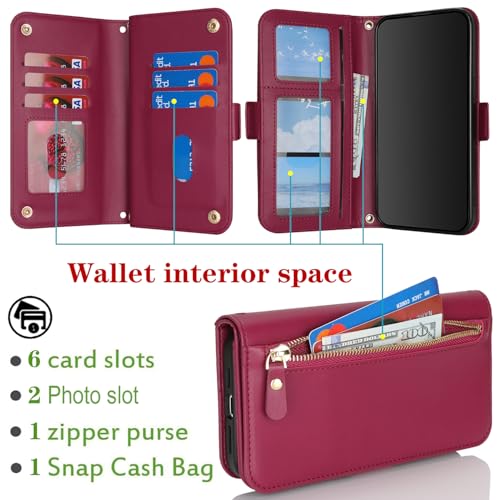 for iPhone 15 Pro Wallet Case for Women,for iPhone 15 Pro Case with Strap Crossbody Lanyard,PU Leather Shockproof Card Holder Stand Zipper Pocket Flip Phone Case-Dark red - color: Dark red