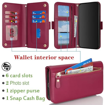 for iPhone 15 Pro Wallet Case for Women,for iPhone 15 Pro Case with Strap Crossbody Lanyard,PU Leather Shockproof Card Holder Stand Zipper Pocket Flip Phone Case-Dark red - color: Dark red