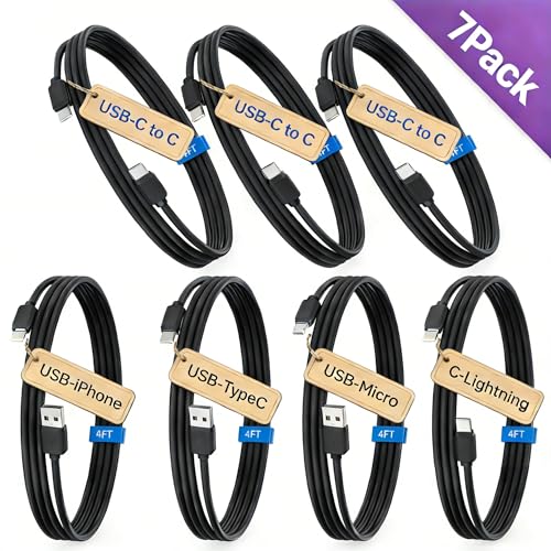 7-Pack Assorted Individual 4FT USB and USB-C Cables, Compatible/w iPhone17,16,15, iPhone14-5/ iPad/MacBook/iPad mini/Samsung Moblies & Tablets/Pixel & Nexus/HTC etc (Black) - color: Black