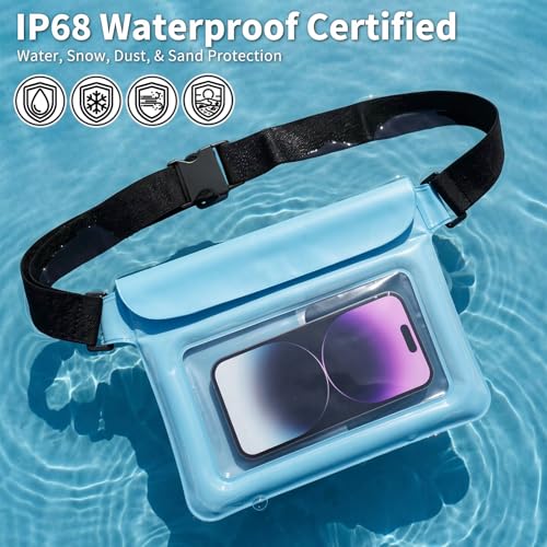 Waterproof Pouch Bag Set IPX8 2 Pcs: Blue Water Proof Fanny Pack 9.8" with Clear Window & Black Waterproof Phone Case 7" Phone Pouch, Floating Belt Bag with Crossbody Waist Strap, Cruise Essentials - color: Blue fanny pack + Phone pouch 7"