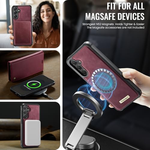 for Samsung Galaxy S25 5G 2in1 Detachable Wallet Case, Burgundy | Compatible with Magsafe, Magnetic, RFID Blocking Card Holder, Shockproof, Kickstand, Wireless Charging, PU Leather Flip Cover - color: Retro Burgundy, size: Galaxy S25 - 6.2"