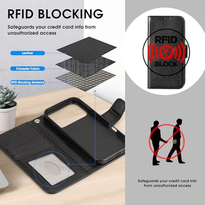 Arae Compatible with iPhone 17 Pro Case Wallet with Card Holder, Wristlet Strap Wallet Flip Cover for iPhone 17 Pro 6.3 inch Men/Women, RFID Blocking, Kickstand Litchi Black - color: Litchi Black, size: iPhone 17 Pro 6.3 inch