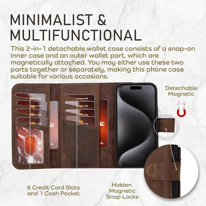 Bayelon Wallet Case for iPhone 15 Pro Max, Trifold Leather Wallet, Detachable Magnetic Flip Folio Cover, Card Holder, iPhone 15 Pro Max Wallet Case, MagSafe Compatible, RFID Blocking (Dark Brown) - color: Dark Brown, size: iPhone 15 Pro Max