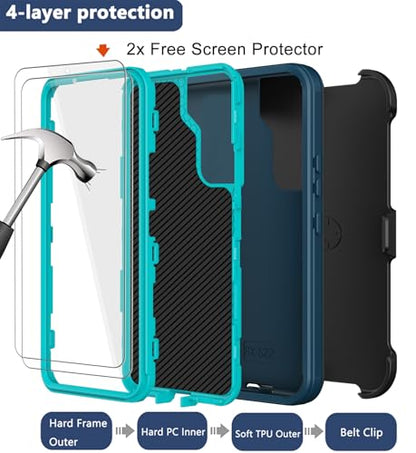 for Samsung Galaxy S22 Plus Case with Belt Clip Holster, 2X Screen Protector, [Military Grade Protection] Heavy Duty Full Body Shockproof Rugged Protective Cover for Samsung S22 Plus 5G Turquoise - color: Turquoise
