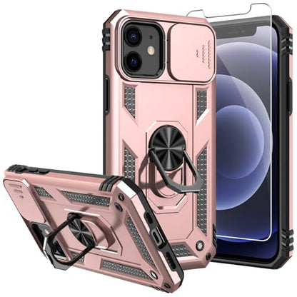for iPhone 12/ iPhone 12 Pro Case with Camera Lens Cover, | HD Screen Protector, 16 FT Military Grade Drop Protection, Magnetic Kickstand Rugged Shockproof Protective Cove - color: Rose Gold