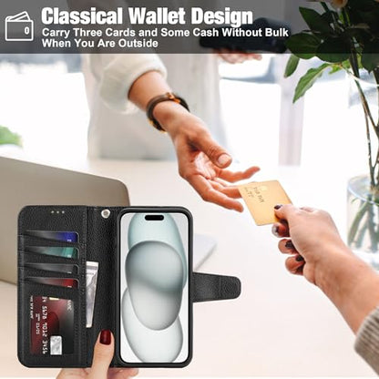 Arae Compatible with iPhone 15 Plus Case with Card Holder and Wrist Strap Wallet Flip Cover for iPhone 15 Plus 6.7 inch Men RFID Blocking Wristlet Kickstand,Litchi Black - color: Litchi Black, size: iPhone 15 Plus 6.7 inch