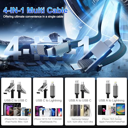 4-in-1 100W USB C Cable Lightning Charging Cable - 6FT Flat Braided Multi iPhone iPad Charger Cord with Lightning, USB-C for iPhone 15/16, Samsung, iPad, MacBook - Supports CarPlay and Android Auto